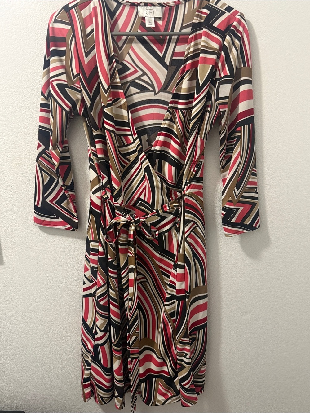 LOFT Multicolor Geometric Wrap Dress - Red, Black, Tan
